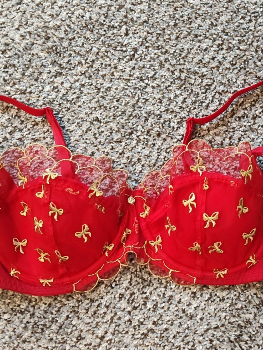 Adore Me Red Balconette Bra with Gold Embroidery